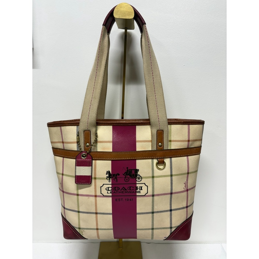 Coach Heritage Leatherware Tote Womens Pink White Tattersall Plaid Webbing Strap - Picture 2 of 9